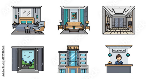 Hotel interior and exterior icons bed lounge reception building doors