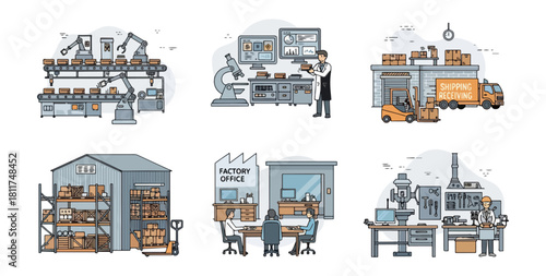 Factory production line and office operations illustration