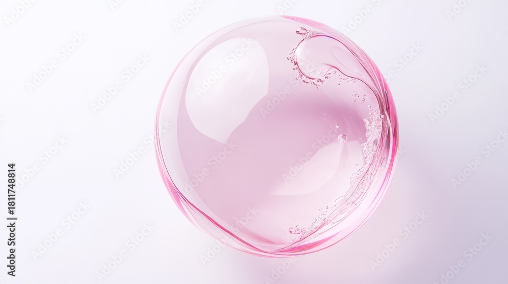 Fototapeta premium 95.Close-up of a pink soap bubble with a glossy, almost liquid jelly texture, clear and reflective with faint hints of light and color distortion, set against a soft white backdrop