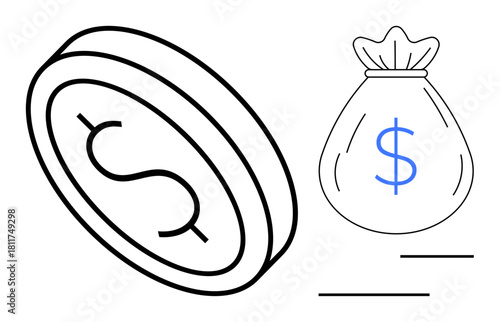 Coin with dollar sign and tied money bag suggest wealth, investment, savings, and economics. Ideal for finance, banking, budgeting, wealth management, entrepreneurship investment and simple flat