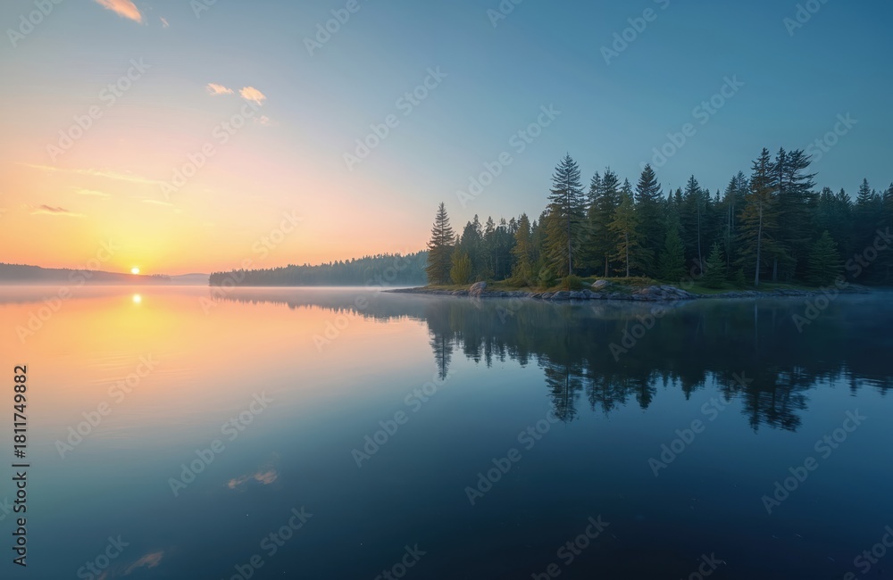 Fototapeta premium Calm lake at sunrise with blue clear water, forest on shore. Trees reflect in water. Peaceful scenic landscape with evergreen trees in morning light. Serene environment. Blue sky with clouds.