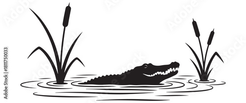Black silhouette of alligator head emerging from water surrounded by cattails on transparent background