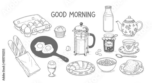 Hand drawn good morning breakfast food and drinks sketch collection artistic doodle art