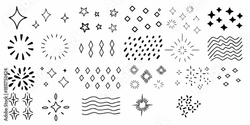 Hand drawn doodle elements set stars bursts diamonds and waves