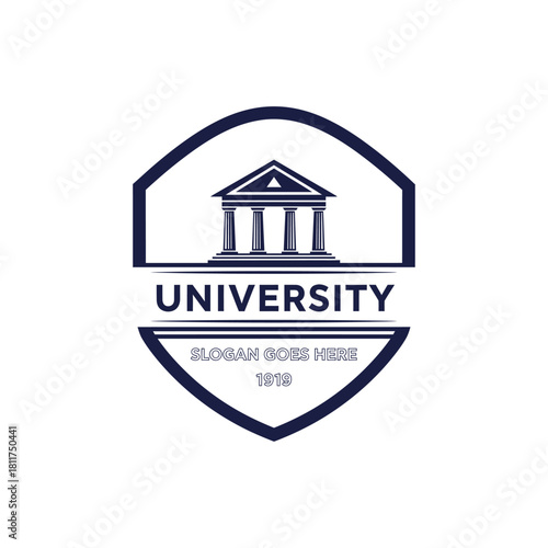 Classic university emblem featuring greek revival building and scholastic text
