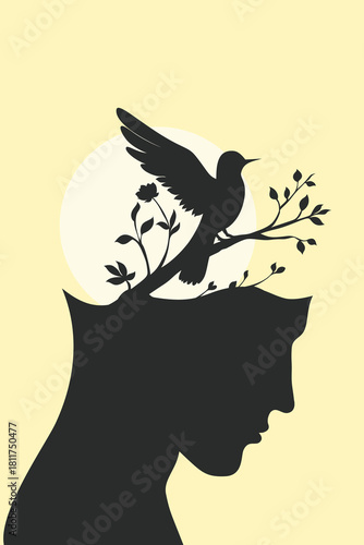 Surreal silhouette of a human head with a bird and blooming branches emerging from the mind, symbolizing healing, inner freedom, mental clarity, and emotional rebirth.
