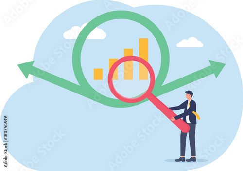 concept of Businessman examines economic cycle with magnifier
