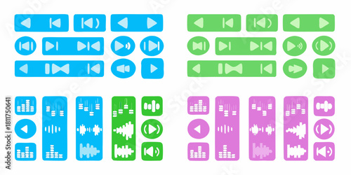 Colorful set of vector audio player buttons and visualizers in different styles