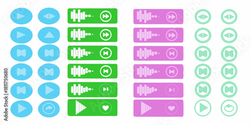 Set of colorful audio player buttons and icons for music and sound design
