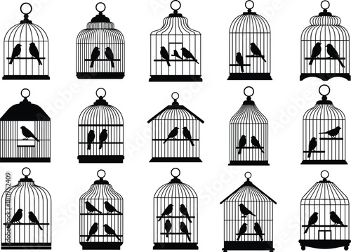 Collection of fifteen black vector birdcage silhouettes containing birds featuring vintage ornamental cage designs for home decoration, graphic design, and retro art illustration projects.