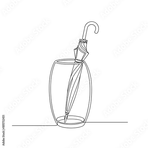 Closed umbrella leaning in wire stand one-line drawing on white