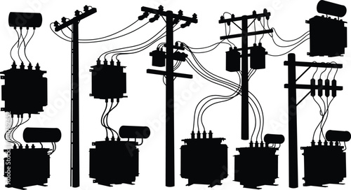 Silhouette vector illustration of electrical transformers mounted on utility poles—power distribution infrastructure layout for engineering, planning, safety, and technical reference