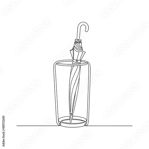 Closed umbrella in stand one-line drawing on white background