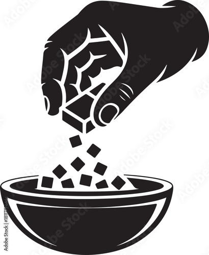Hand pouring sugar cubes into bowl silhouette for food and beverage preparation design