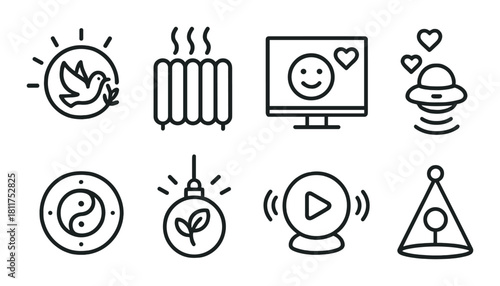 Collection of minimalist icons featuring peace, technology, and nature themes