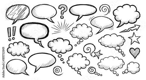 Collection of hand drawn speech bubbles and exclamation marks for comics and design