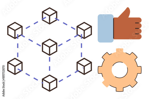 Network of interconnected blocks, thumbs-up for approval, gear reflecting automation and progress. Ideal for trust, security, technology, blockchain, innovation, collaboration digital concepts