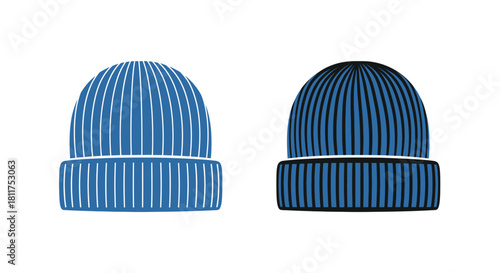 Two knitted beanies in blue shades a design illustration for winter wear