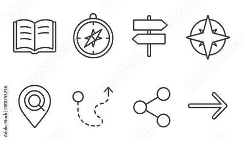 Navigation icons: compass, map, directions, and route symbols on metallic background