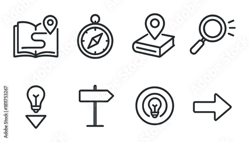 Minimalist navigation and search icons set with compass and light bulb