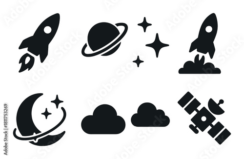 Black silhouette icons of space elements on dark background