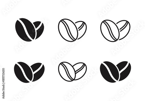 Hand drawn coffee bean icons set heart shape love brew delicious beverage breakfast morning energy