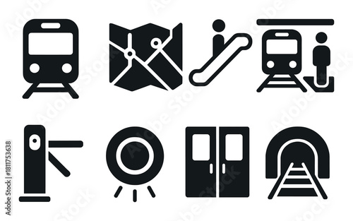 Dark subway icon set: train, map, escalator, turnstile, tunnel symbols