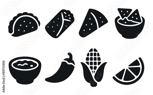 Assorted mexican food icons: taco, burrito, nachos, salsa, soup, chili, corn, lime