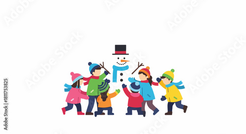 Illustration of a group of diverse children dancing around a snowman in winter clothing against a white background with vibrant colors.