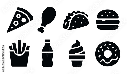 Silhouette icons of fast food: pizza, burger, fries, chicken, soda, ice cream, taco, donut