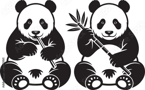 Two adorable panda bears sitting and eating bamboo, cute wildlife illustration