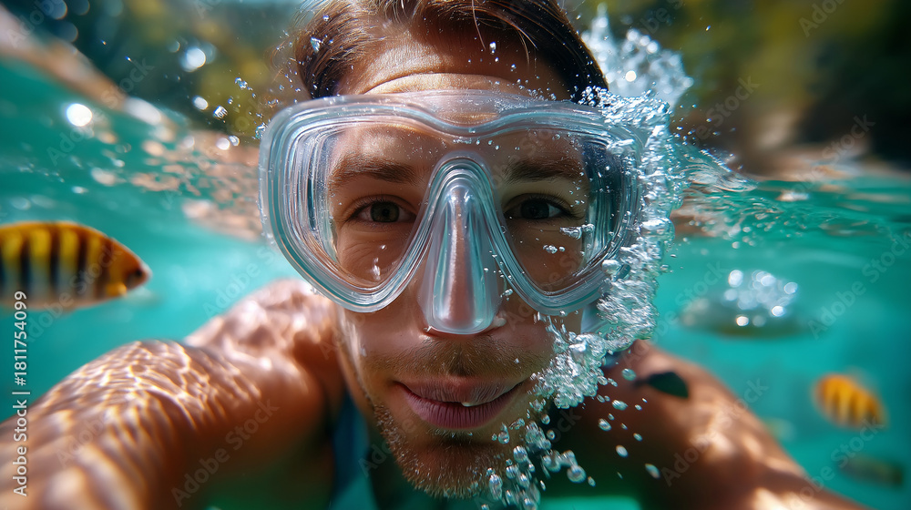 Naklejka premium Snorkeler POV drifting through tropical lagoon with curious fish approaching, gentle bubbles, vacation serenity, with copy space