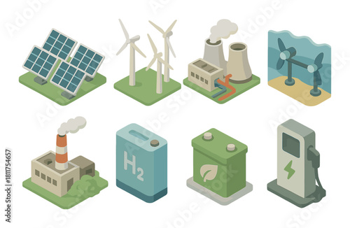 Sustainable energy sources: solar, wind, nuclear, hydrogen, and biomass icons