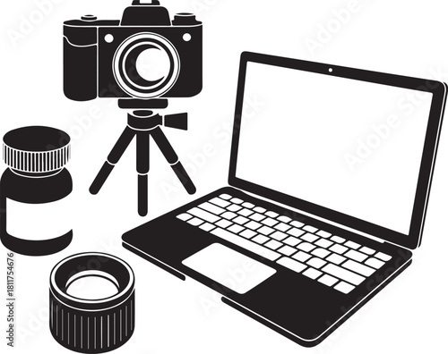 Photography equipment with camera tripod lens laptop and bottle for creative professional work