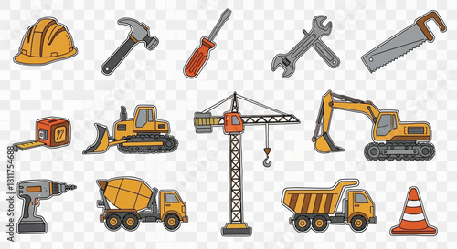 Collection of various construction tools and heavy machinery vehicles for building and development projects.