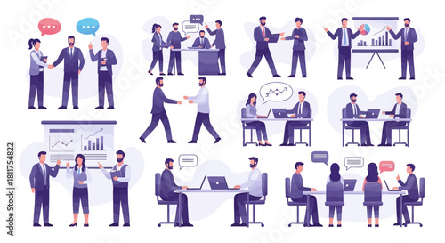 Business negotiations and meetings illustration set with people.