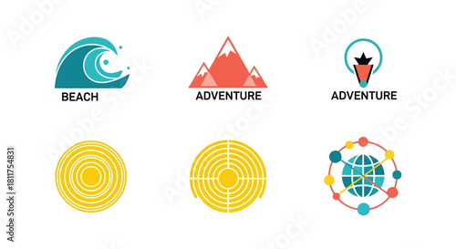A collection of six colorful, flat design logo icons representing travel, adventure, beach waves, mountains, labyrinths, and global networks.