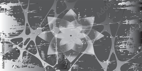 Abstract Geometric Flower with Textured Grayscale Elements and Overlays.