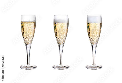A collection of glasses, flutes, with champagne, fizzy wine, as a birthday celebration or to celebrate the New Year with different amounts of fizzy bubbles isolated against a transparent background.