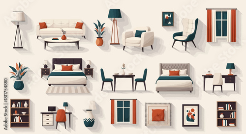 A comprehensive collection of modern home furniture and decor items, including beds, sofas, tables, chairs, lamps, and plants, presented in a flat design style.