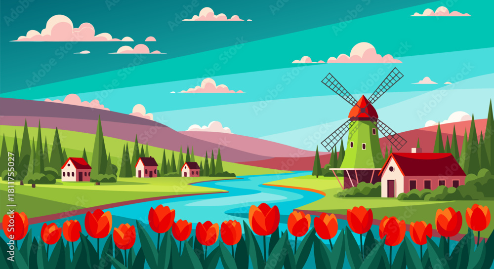 Naklejka premium Dutch Countryside Landscape with Windmill and Tulips, Illustration