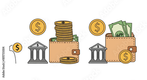 Illustration of money, coins, wallets, and bank buildings.