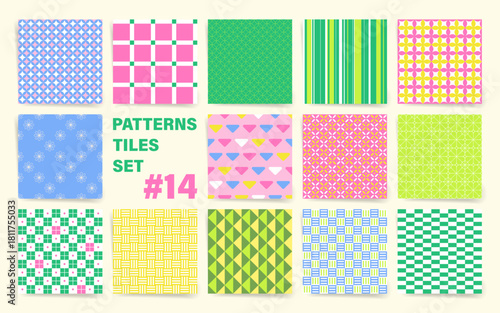 Seamless pattern Collection, geometric and asian styles, playful floral and geometric vector tiles. Plain Japanese Modern Set of ornaments and geometric shapes, checkerboards, grids, patterns.
