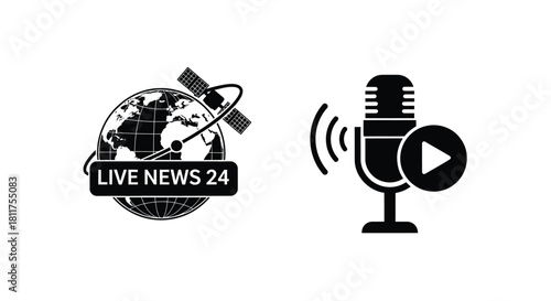 Live news broadcast with satellite microphone and play button icons shown