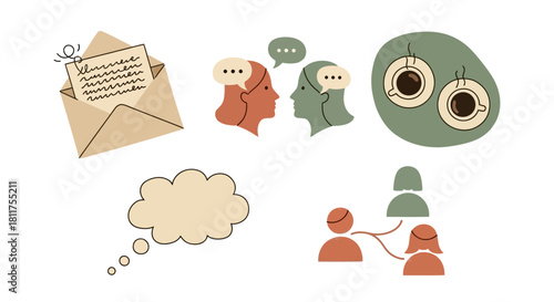 A collection of communication and social interaction icons.