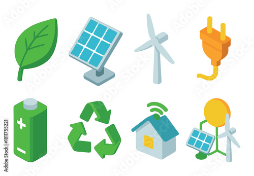 Sustainable energy symbols: solar panels, wind turbine, leaf, battery, recycle, eco-friendly plug