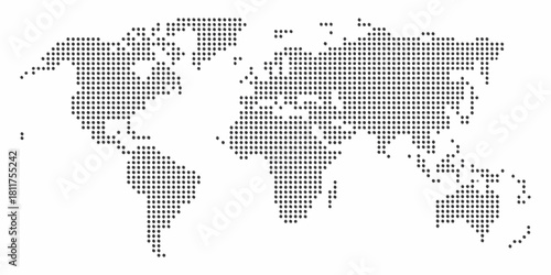 World map composed of dark dots on a white background
