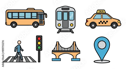 Icons of transportation, pedestrian crossing, traffic light, bridge, and location pin.