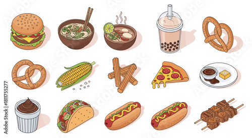 A diverse collection of popular street food and snacks, including burgers, noodles, pizza, hot dogs, tacos, pretzels, corn, and bubble tea.