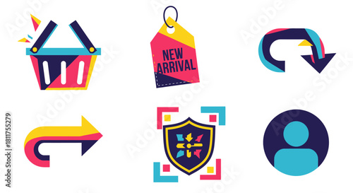 Collection of colorful vector icons representing shopping, new arrivals, and user interface elements.